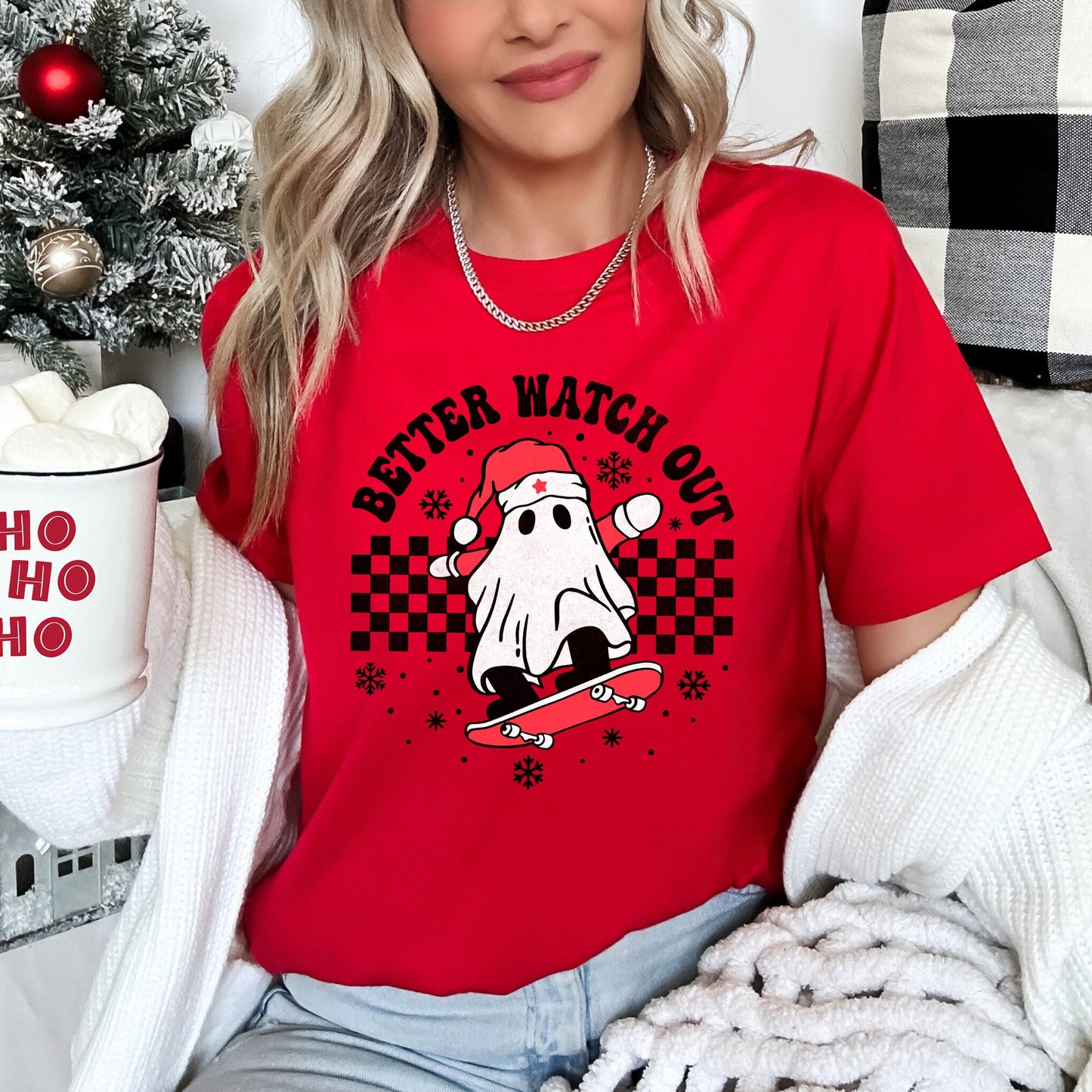 Better Watch Out, Ghost, Skateboard, Santa, Christmas, Retro Super Soft Tshirt