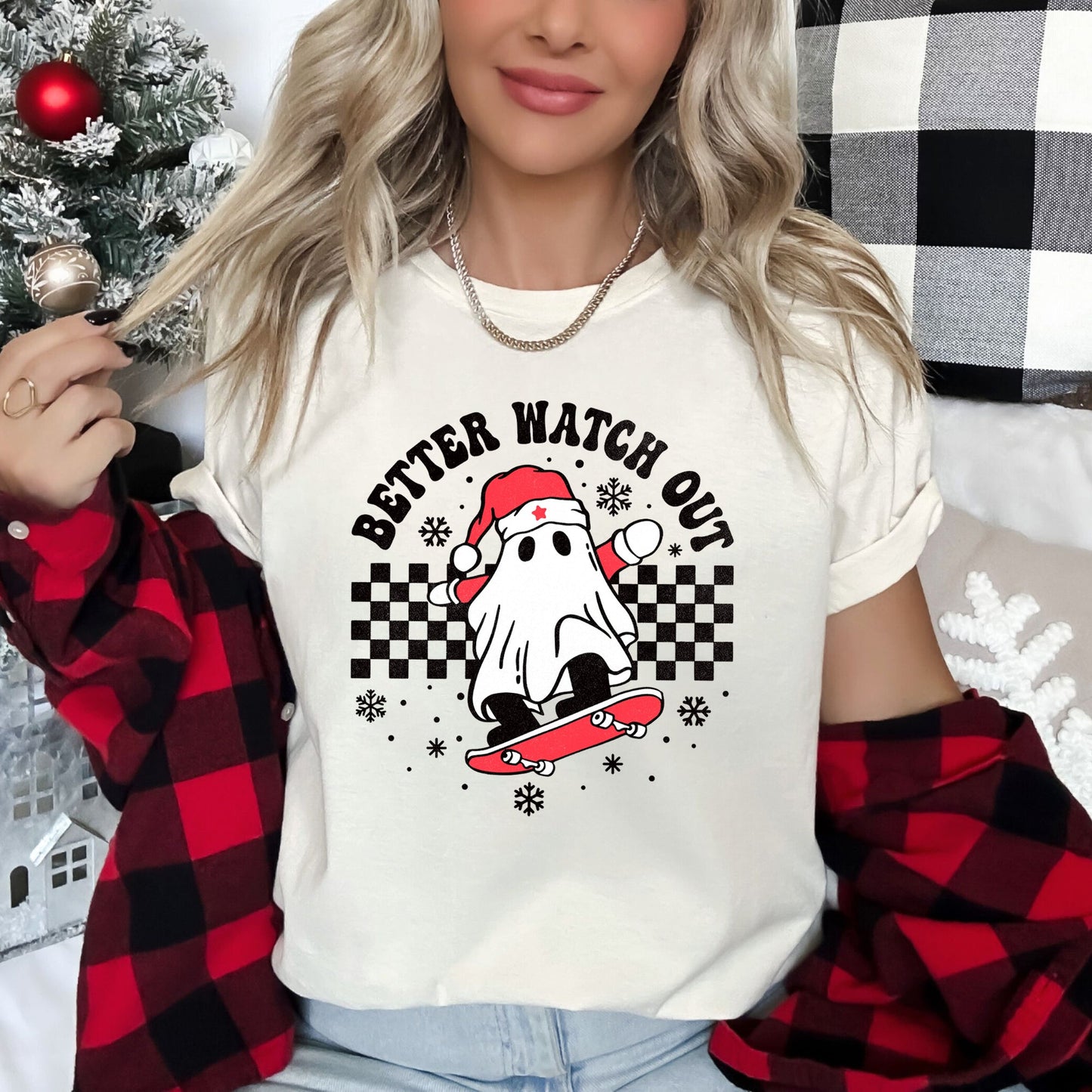 Better Watch Out, Ghost, Skateboard, Santa, Christmas, Retro Super Soft Tshirt