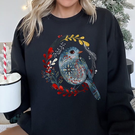 Bird Folk Art Scandinavian Winter Christmas Sweatshirt