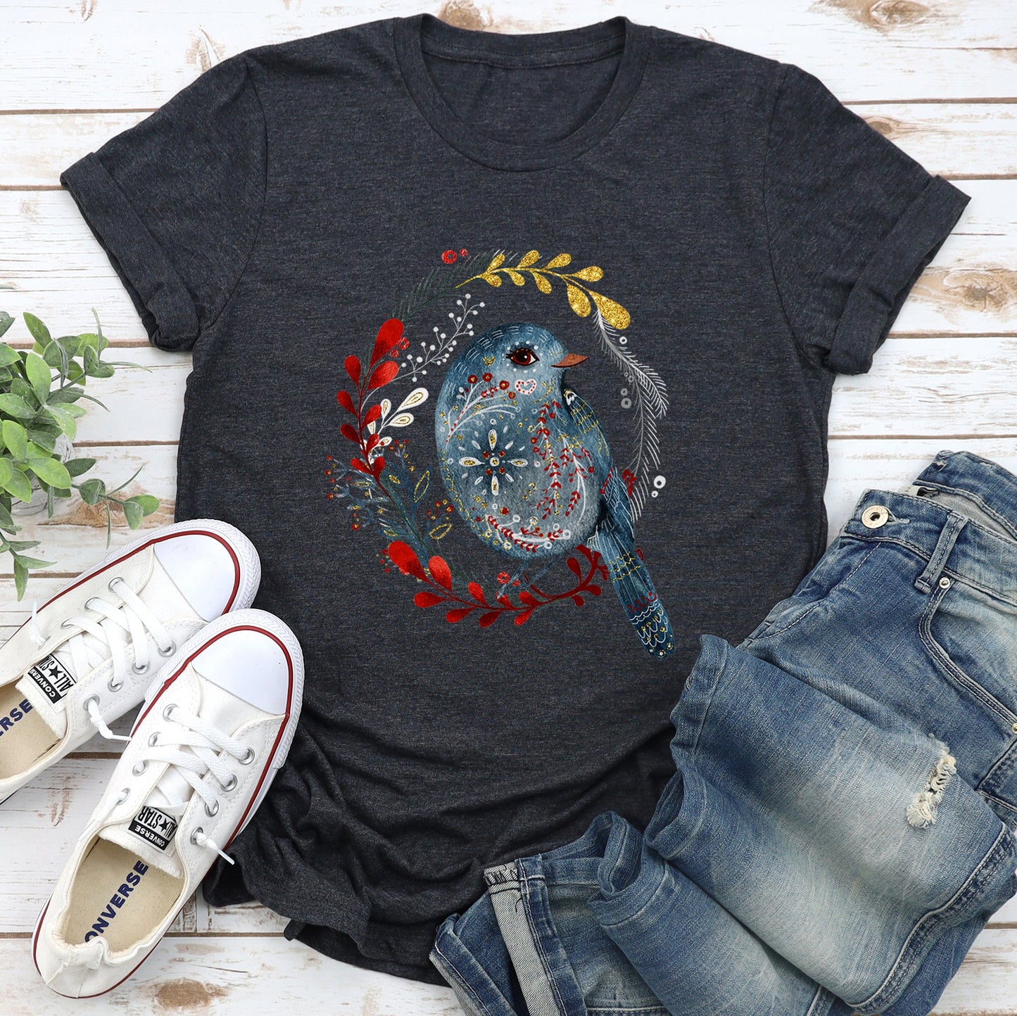 Bird, Folk Art, Scandinavian, Winter, Christmas Super Soft Tees