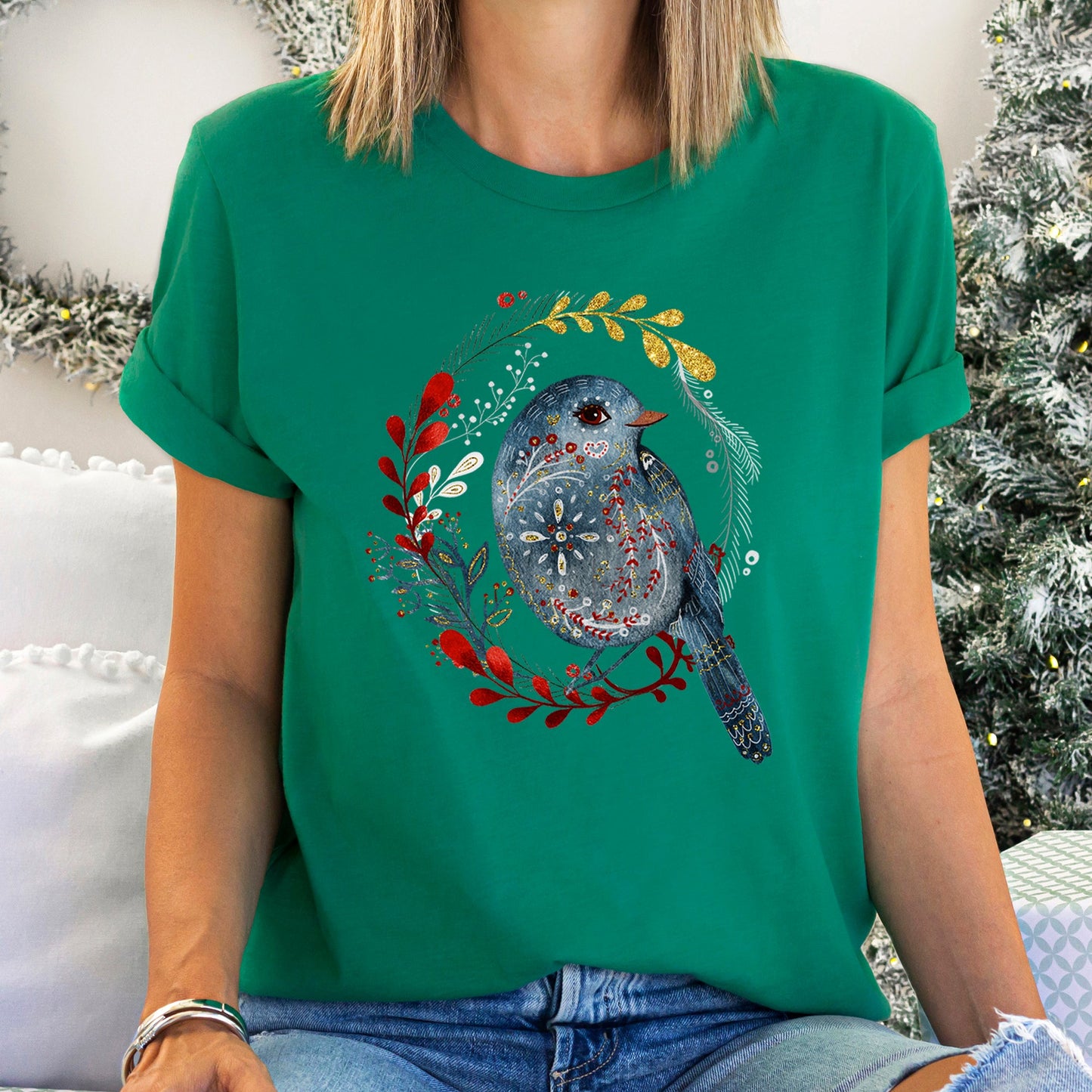 Bird, Folk Art, Scandinavian, Winter, Christmas Super Soft Tees