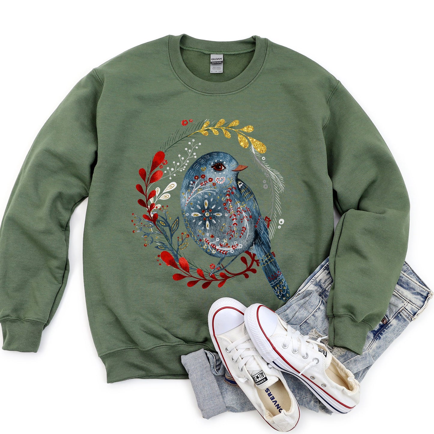 Bird Folk Art Scandinavian Winter Christmas Sweatshirt