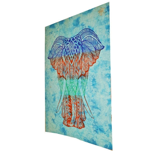 Decorative panel with a colorful elephant design on a blue and green tie-dye background