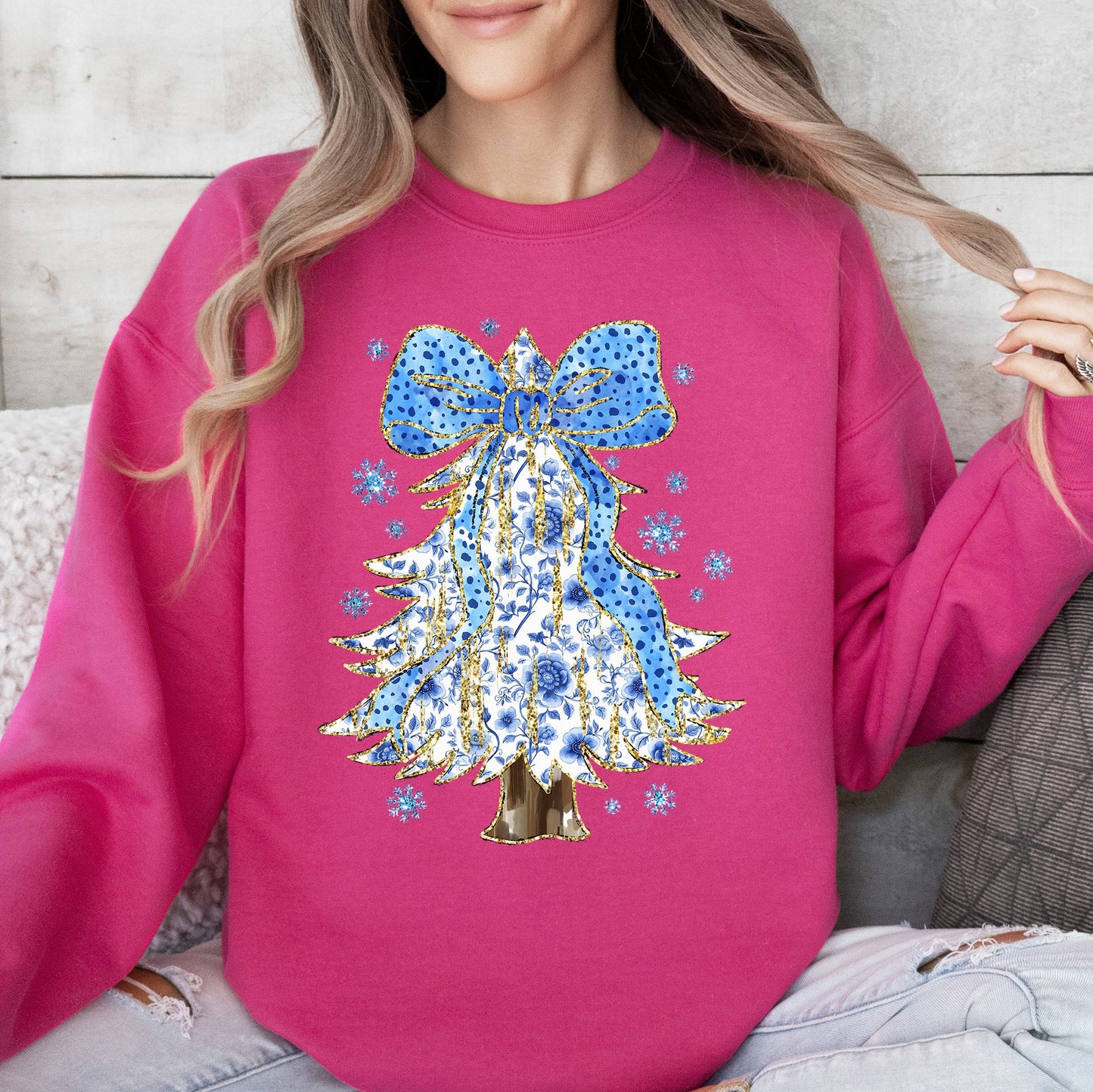 Blue Christmas, Christmas Tree, Bow, Delft, Coquette, Floral, Santa, Classic Sweatshirt