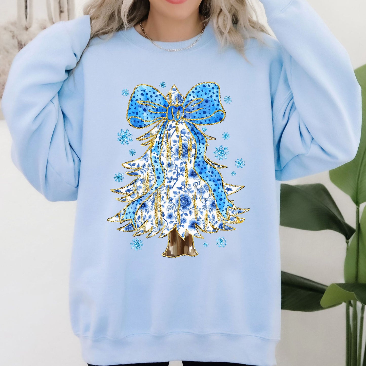 Blue Christmas, Christmas Tree, Bow, Delft, Coquette, Floral, Santa, Classic Sweatshirt