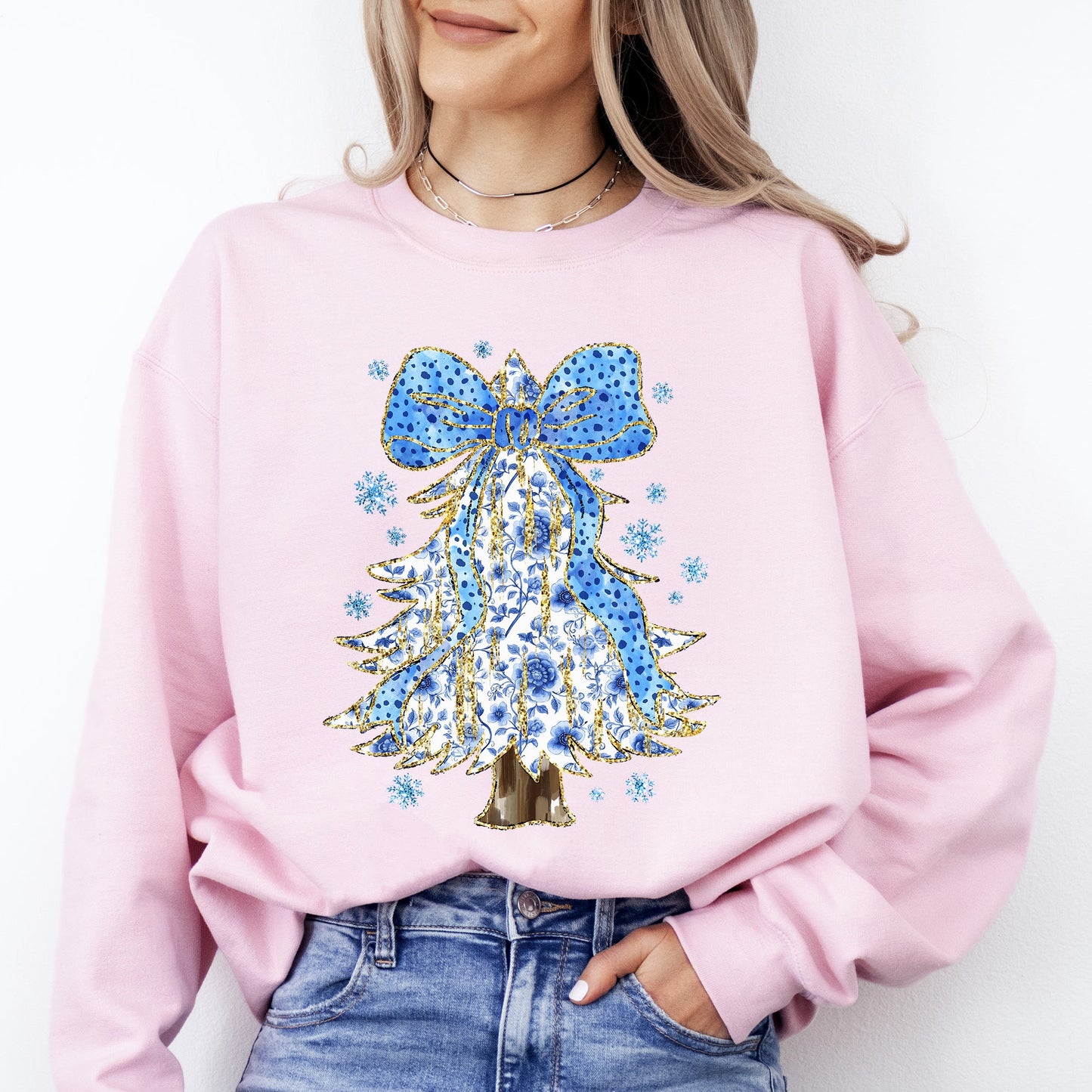 Blue Christmas, Christmas Tree, Bow, Delft, Coquette, Floral, Santa, Classic Sweatshirt