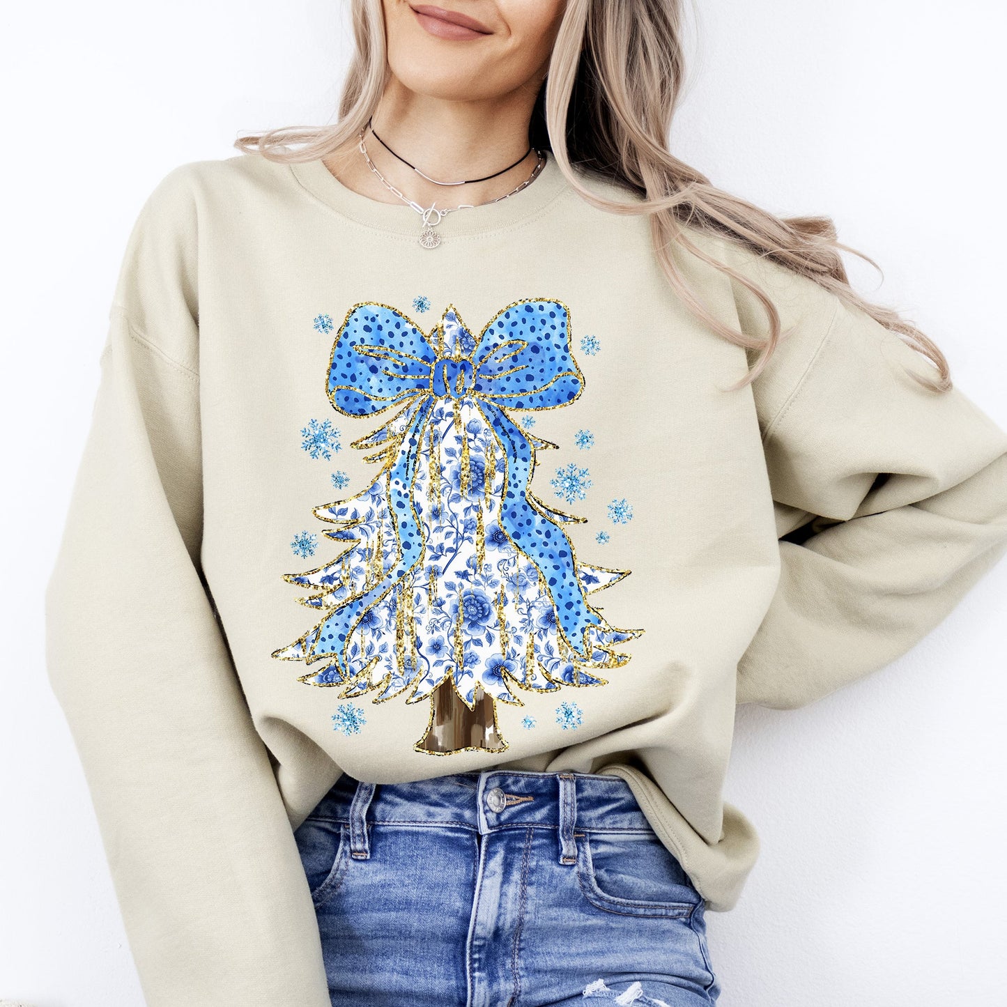 Blue Christmas, Christmas Tree, Bow, Delft, Coquette, Floral, Santa, Classic Sweatshirt