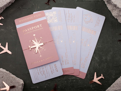 Passport Wedding Invitations with Rose Gold Foil and Blush Pink Covers