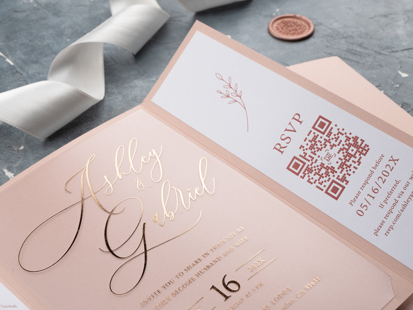 Acrylic Wedding Invitations with Blush Pink Jacket and Rose Gold Foil Printing