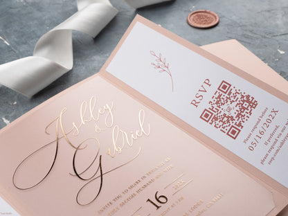 Acrylic Wedding Invitations with Blush Pink Jacket and Rose Gold Foil Printing