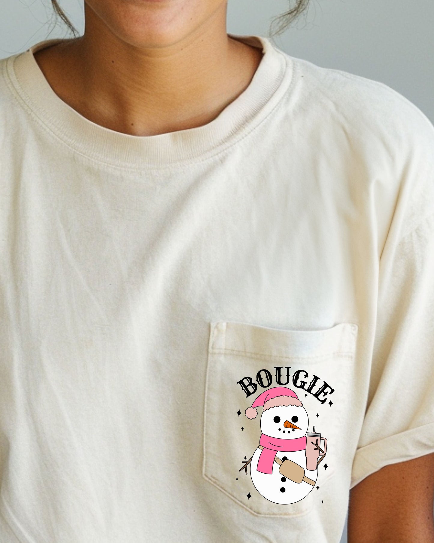 Bougie Snowman, Pocket, Bouji, Christmas, Santa, Winter, Snow, Xmas Pocket Tee Comfort Colors T-Shirt