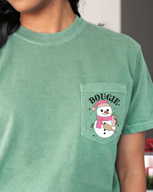 Bougie Snowman, Pocket, Bouji, Christmas, Santa, Winter, Snow, Xmas Pocket Tee Comfort Colors T-Shirt