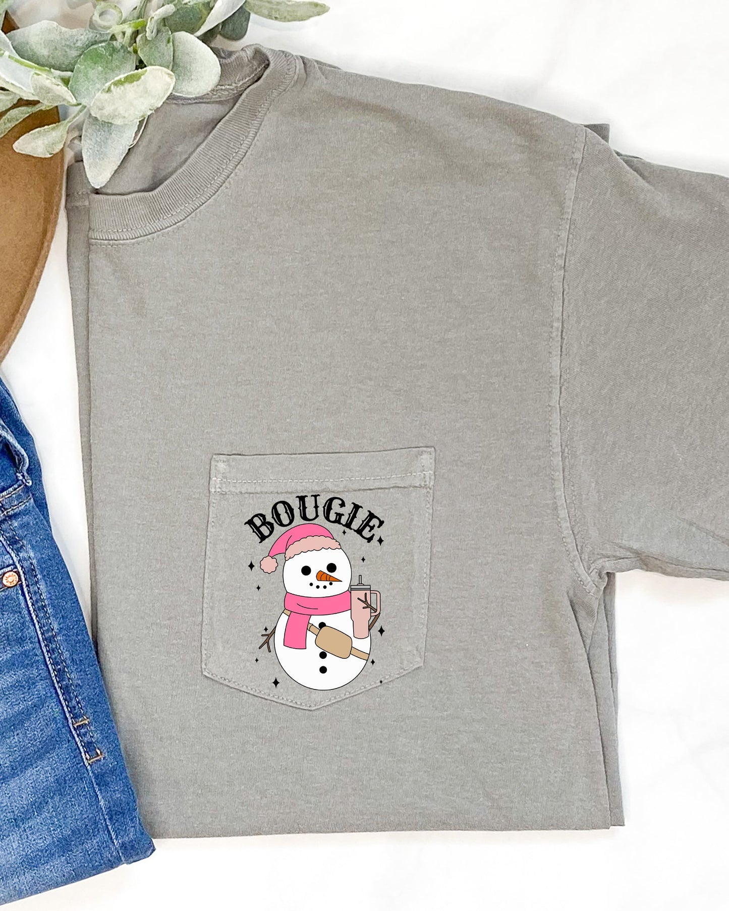 Bougie Snowman, Pocket, Bouji, Christmas, Santa, Winter, Snow, Xmas Pocket Tee Comfort Colors T-Shirt