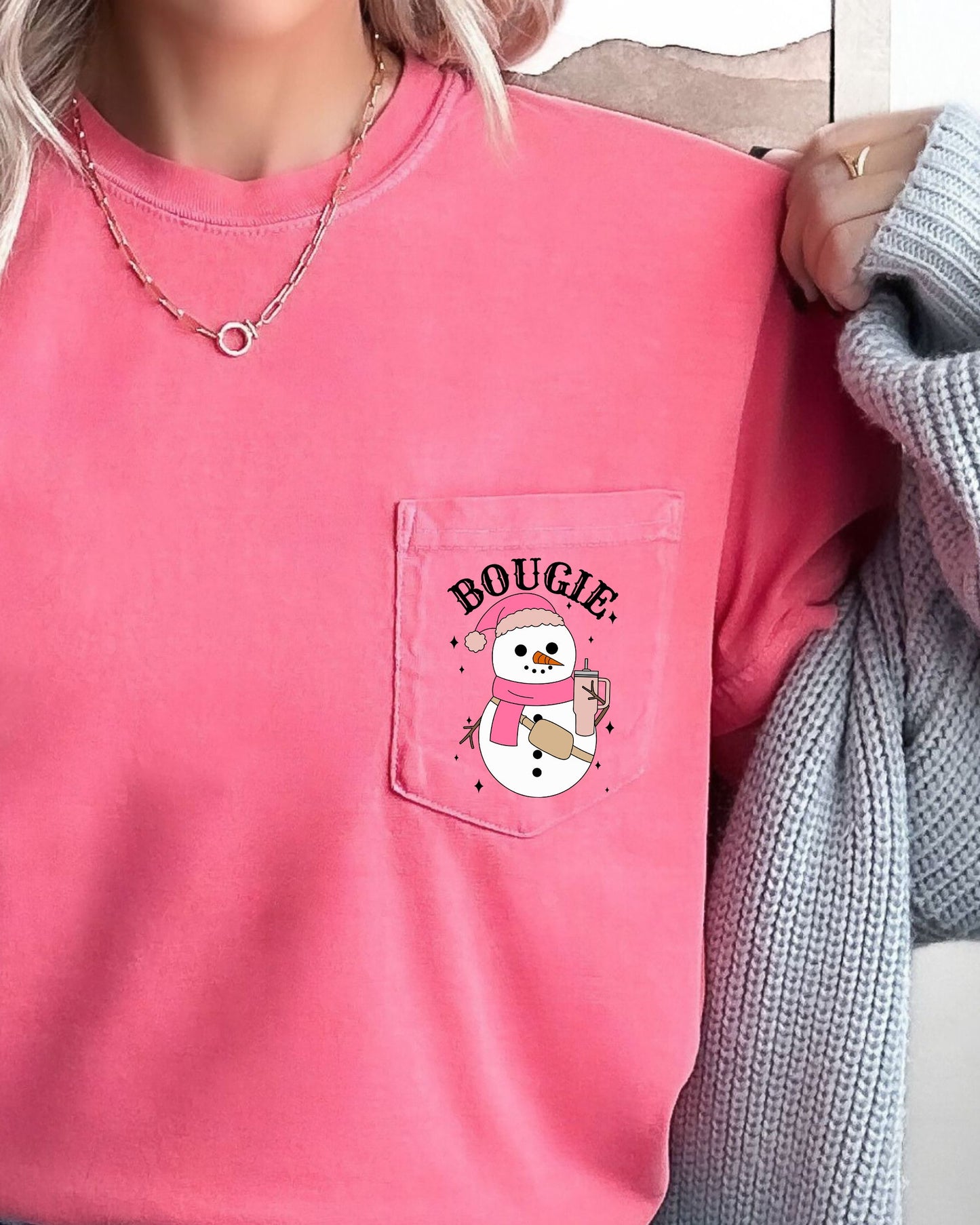 Bougie Snowman, Pocket, Bouji, Christmas, Santa, Winter, Snow, Xmas Pocket Tee Comfort Colors T-Shirt