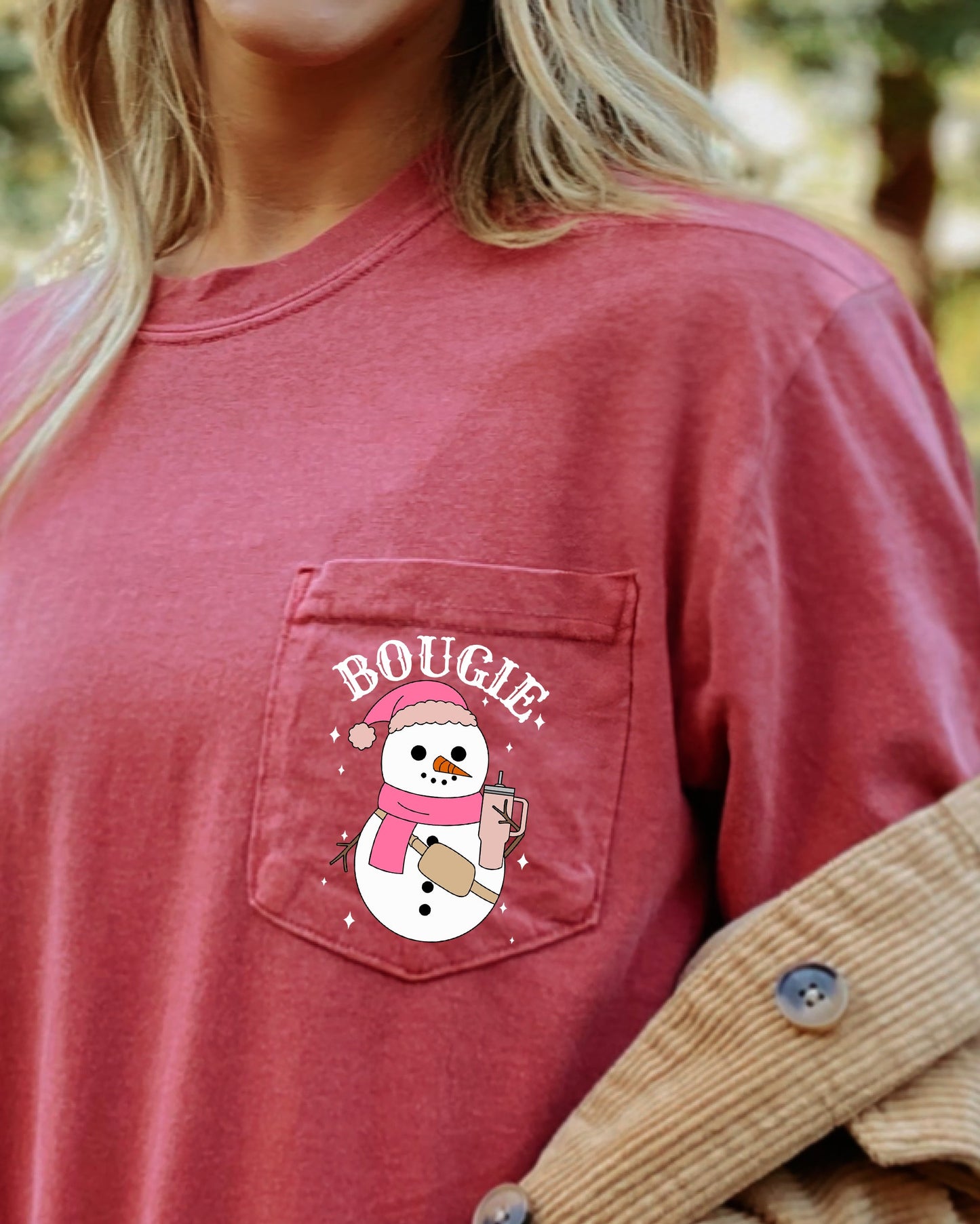Bougie Snowman, Pocket, Bouji, Christmas, Santa, Winter, Snow, Xmas Pocket Tee Comfort Colors T-Shirt