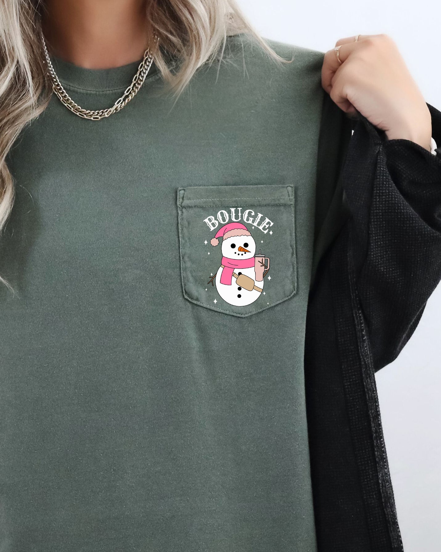 Bougie Snowman, Pocket, Bouji, Christmas, Santa, Winter, Snow, Xmas Pocket Tee Comfort Colors T-Shirt