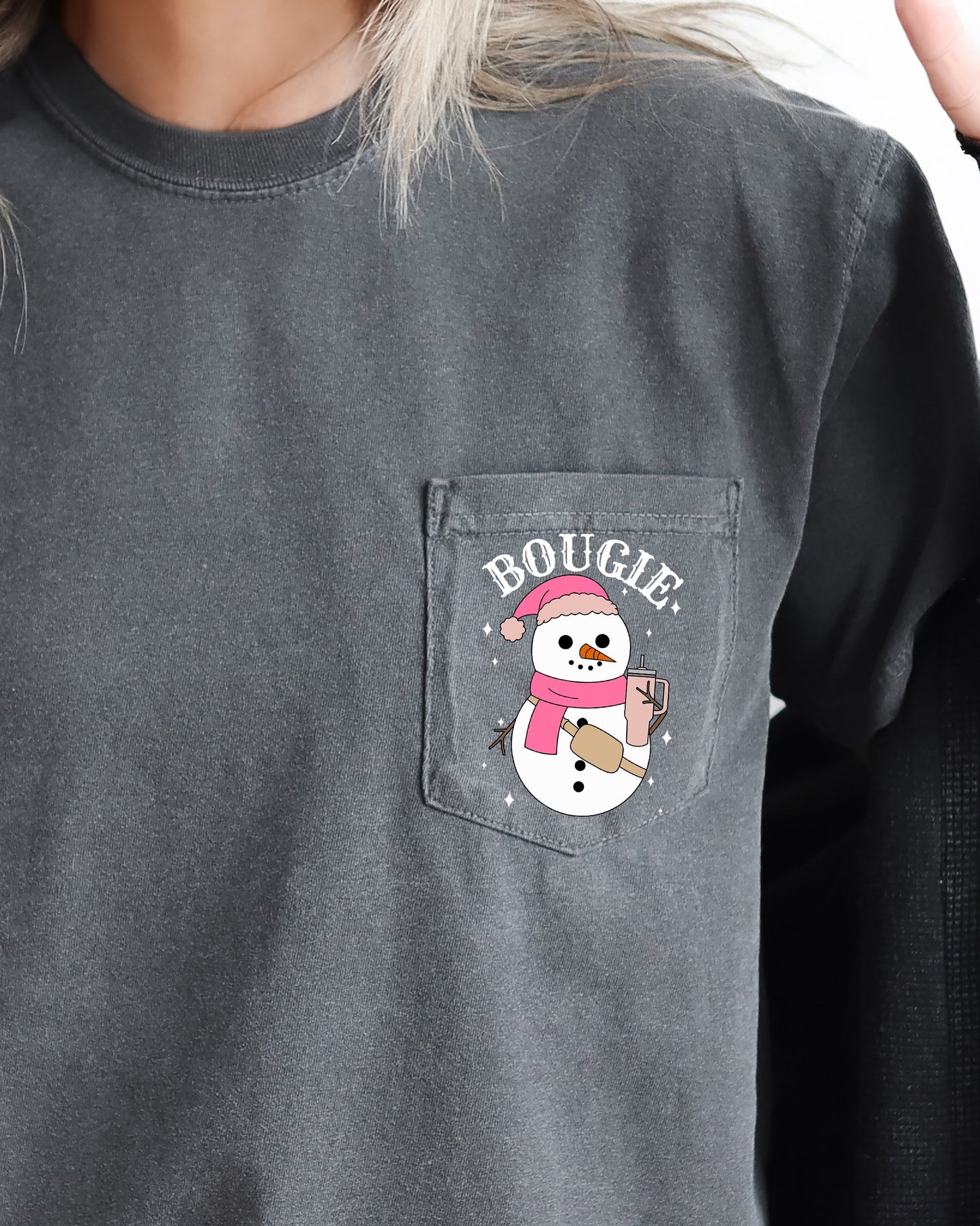 Bougie Snowman, Pocket, Bouji, Christmas, Santa, Winter, Snow, Xmas Pocket Tee Comfort Colors T-Shirt