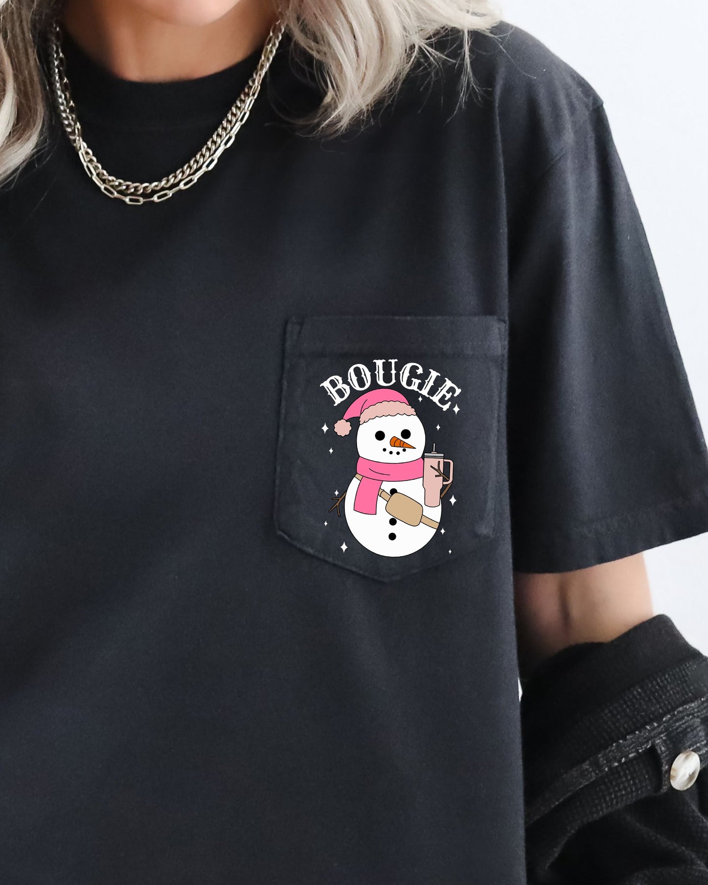 Bougie Snowman, Pocket, Bouji, Christmas, Santa, Winter, Snow, Xmas Pocket Tee Comfort Colors T-Shirt