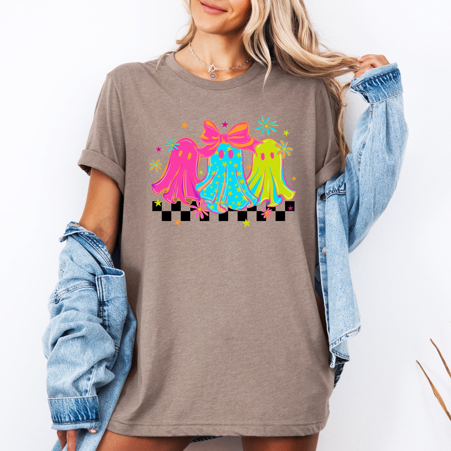 Bright and Colorful, Retro Halloween Ghosts, Checkered, Tshirt