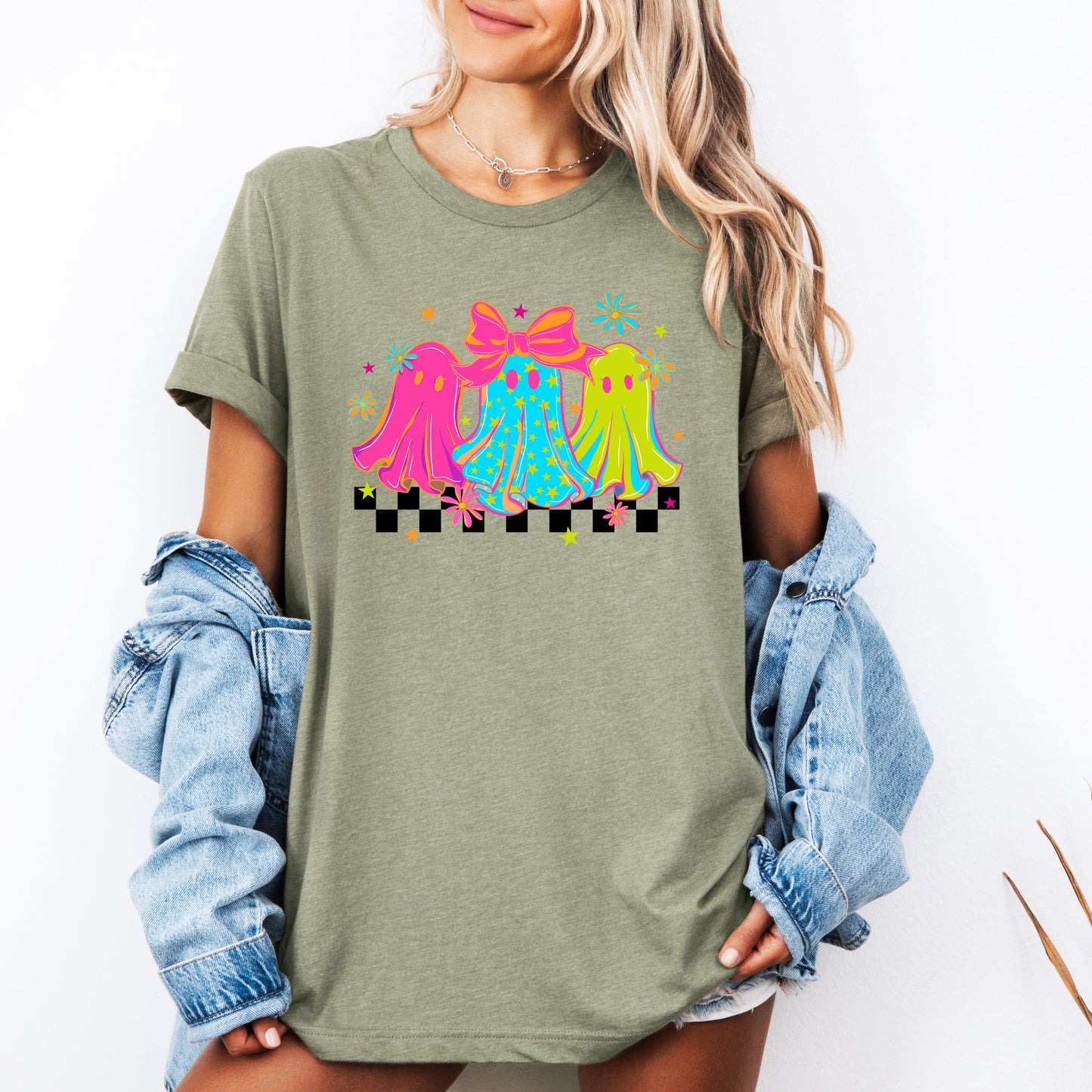 Bright and Colorful, Retro Halloween Ghosts, Checkered, Tshirt
