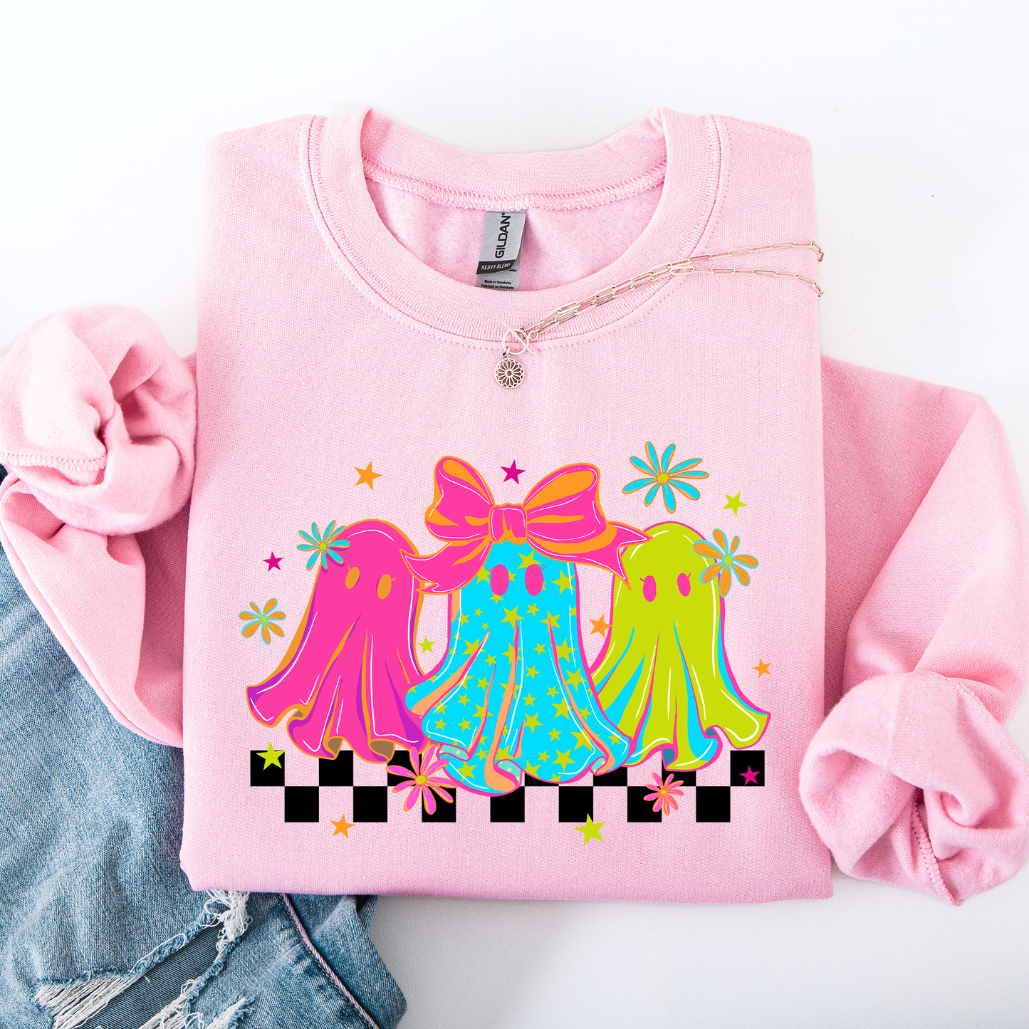 Bright and Colorful, Retro Halloween Ghosts, Checkered Sweatshirt