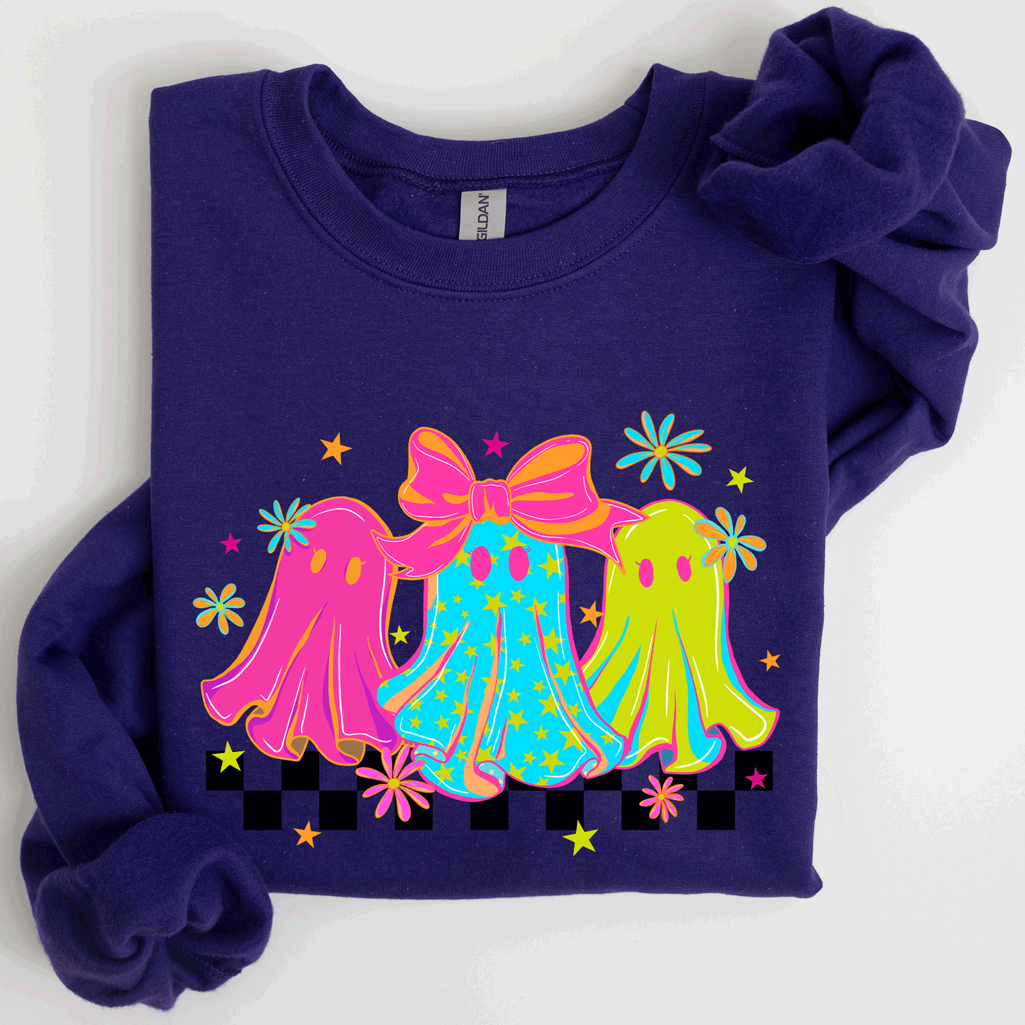 Bright and Colorful, Retro Halloween Ghosts, Checkered Sweatshirt