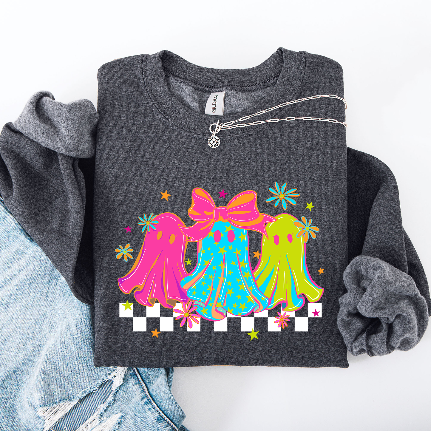 Bright and Colorful, Retro Halloween Ghosts, Checkered Sweatshirt