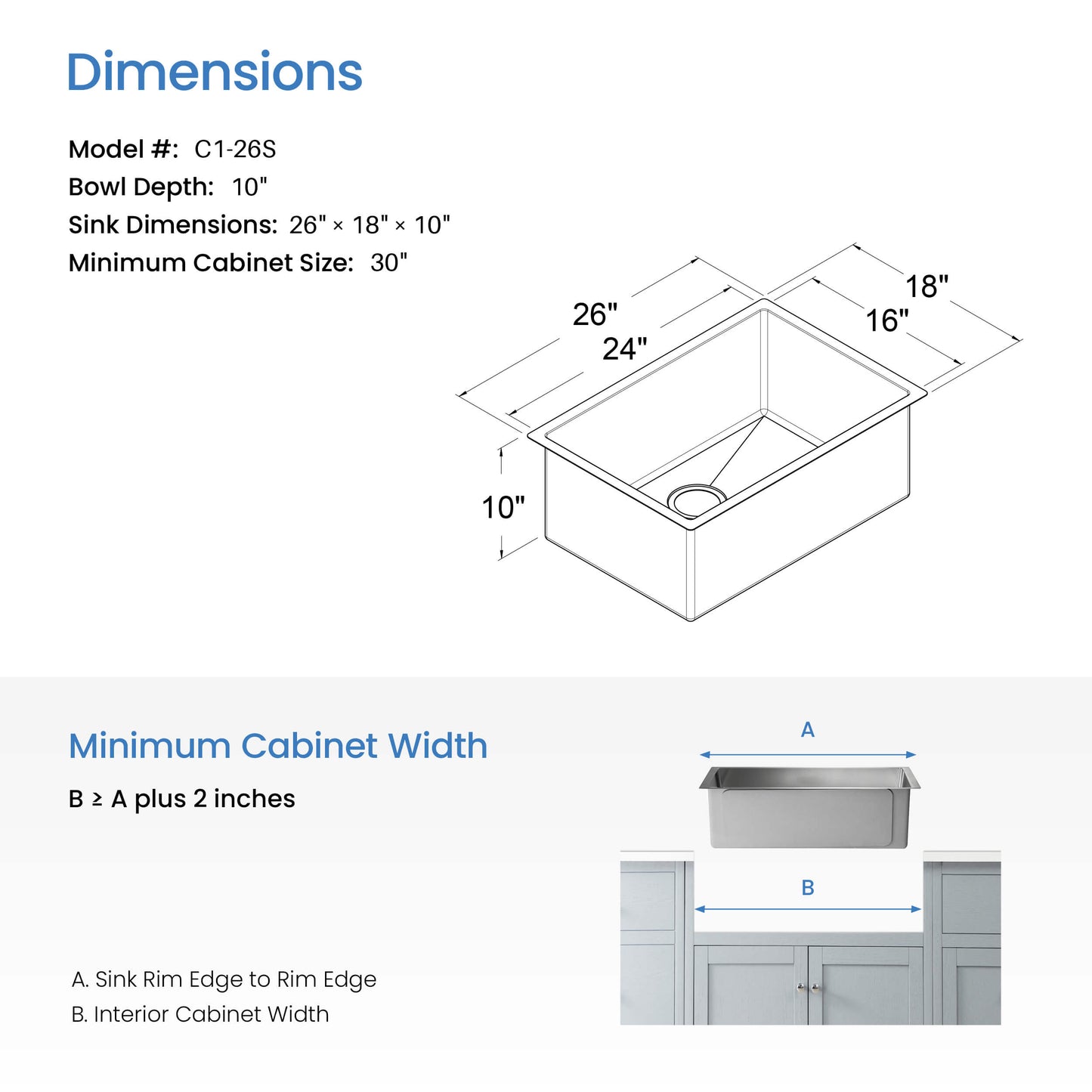 26" Handcrafted Undermount Single Bowl 16 gauge Stainless Steel Kitchen Sink