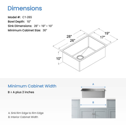 28" Handcrafted Undermount Single Bowl 16 gauge Stainless Steel Kitchen Sink