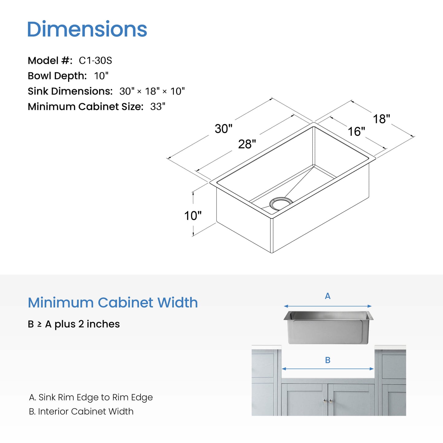 30" Handcrafted Undermount Single Bowl 16 gauge Stainless Steel Kitchen Sink