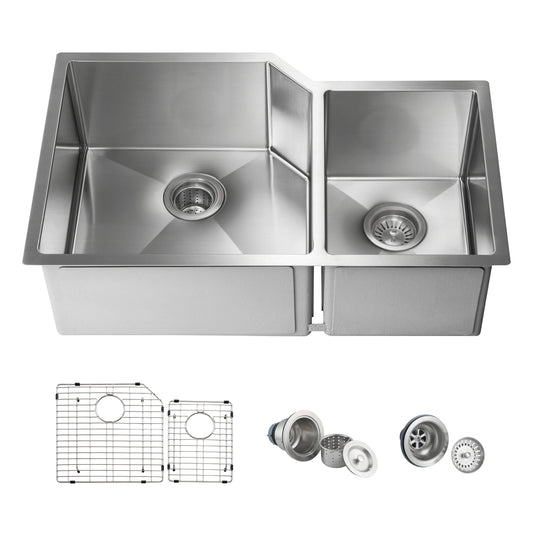 32" Handcrafted Undermount Double Bowl Stainless Steel Kitchen Sink