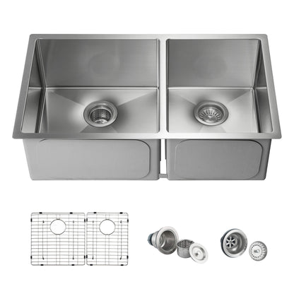 32 3/4" Handcrafted Undermount Double Bowl Stainless Steel Kitchen Sink