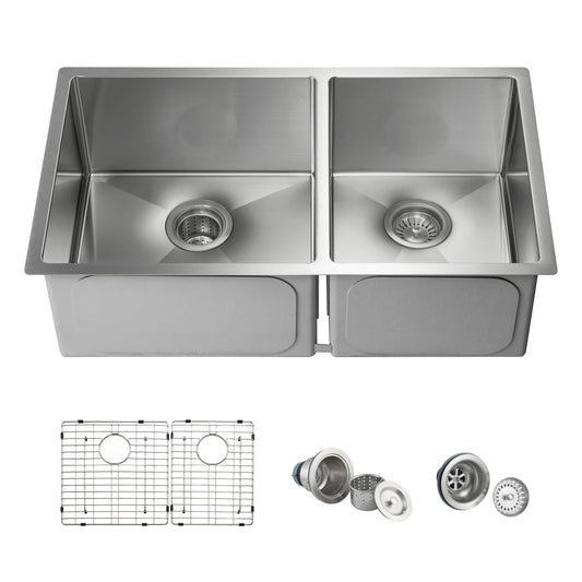 32 3/4" Handcrafted Undermount Double Bowl Stainless Steel Kitchen Sink