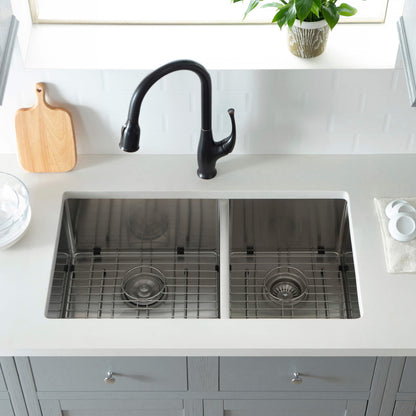 32 3/4" Handcrafted Undermount Double Bowl Stainless Steel Kitchen Sink