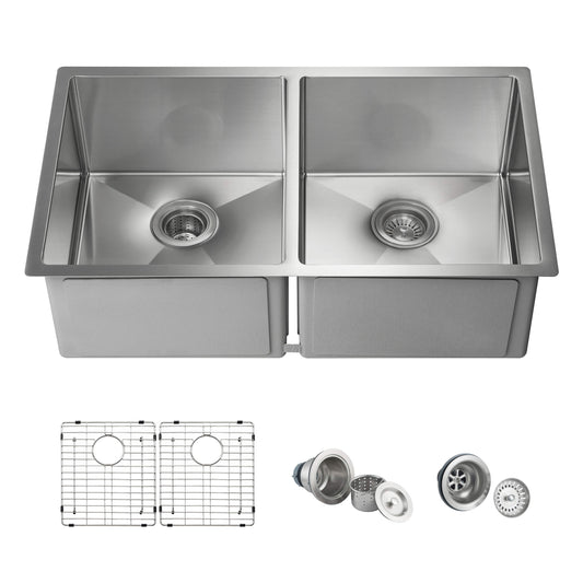 32 3/4" Handcrafted Undermount Double Bowl Stainless Steel Kitchen Sink