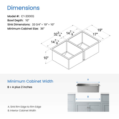 32 3/4" Handcrafted Undermount Double Bowl Stainless Steel Kitchen Sink
