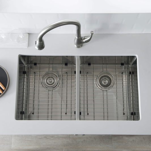 32 3/4" Handcrafted Undermount Double Bowl Stainless Steel Kitchen Sink