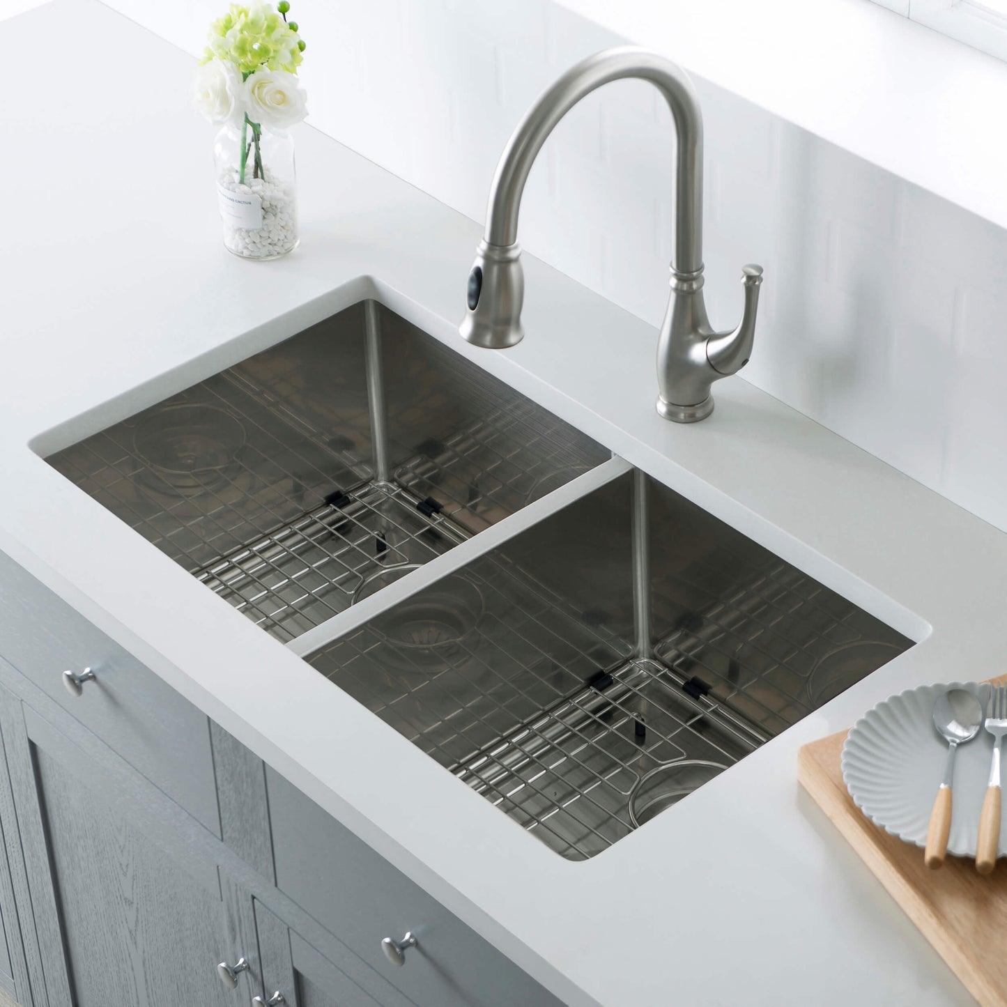32 3/4" Handcrafted Undermount Double Bowl Stainless Steel Kitchen Sink