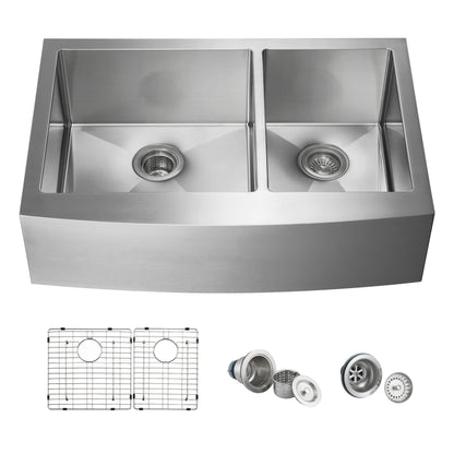 33" Handcrafted Farmhouse Apron Double Bowl Stainless Steel Kitchen Sink