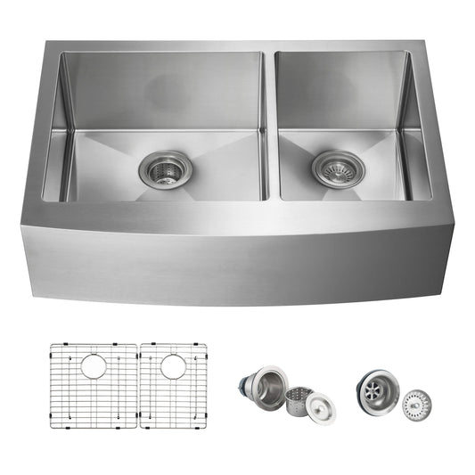 33" Handcrafted Farmhouse Apron Double Bowl Stainless Steel Kitchen Sink