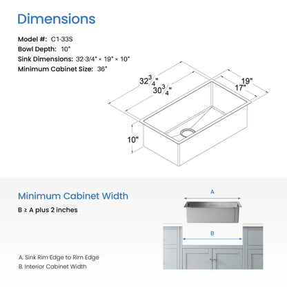 32 3/4" Handcrafted Undermount Single Bowl 16 gauge Stainless Steel Kitchen Sink