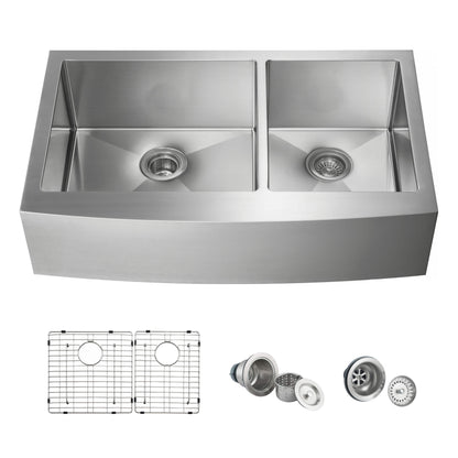 36" Handcrafted Farmhouse Apron Double Bowl Stainless Steel Kitchen Sink
