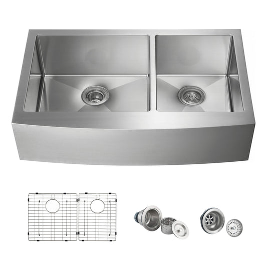 36" Handcrafted Farmhouse Apron Double Bowl Stainless Steel Kitchen Sink