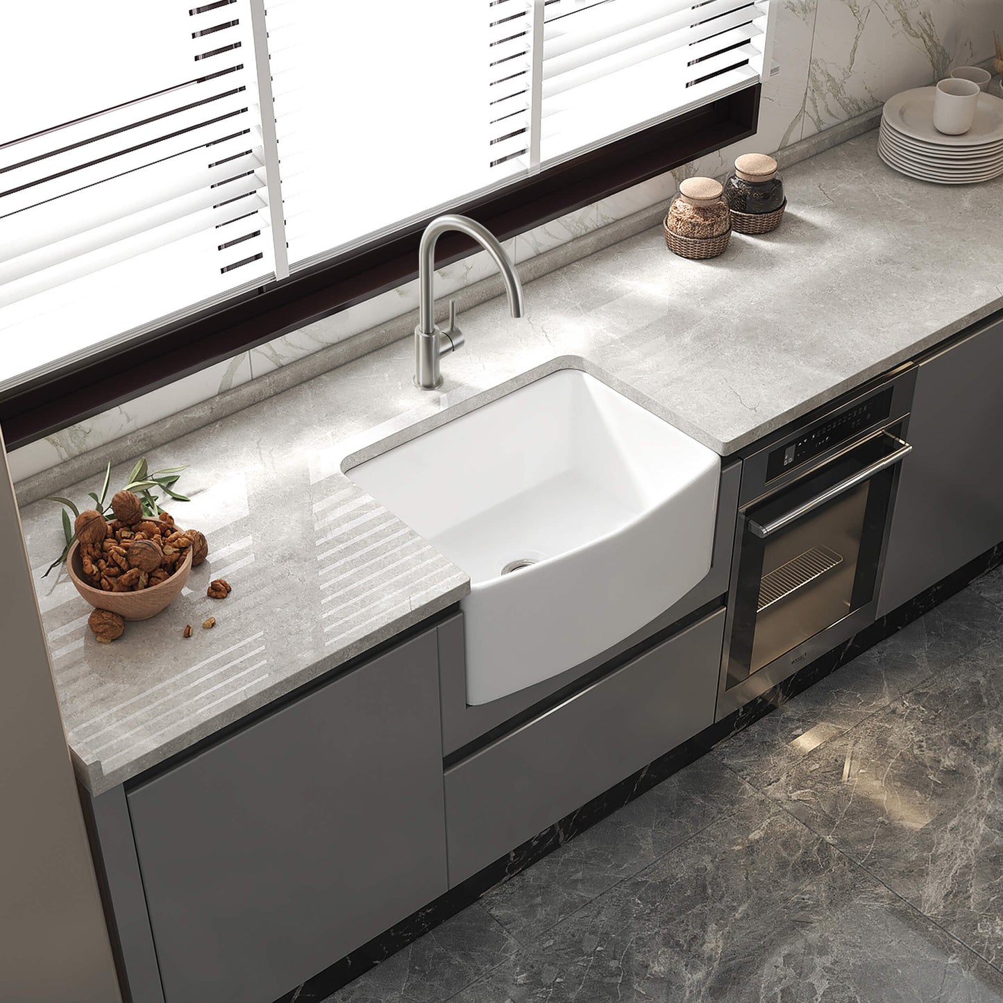 Nova 24" Curved Apron Front Fireclay Farmhouse Kitchen Sink