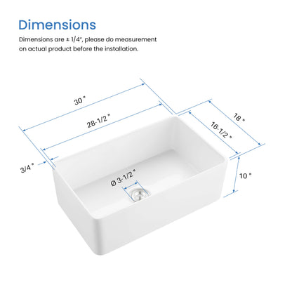 Nova 30" Fireclay Single Bowl Kitchen Farmhouse Sink