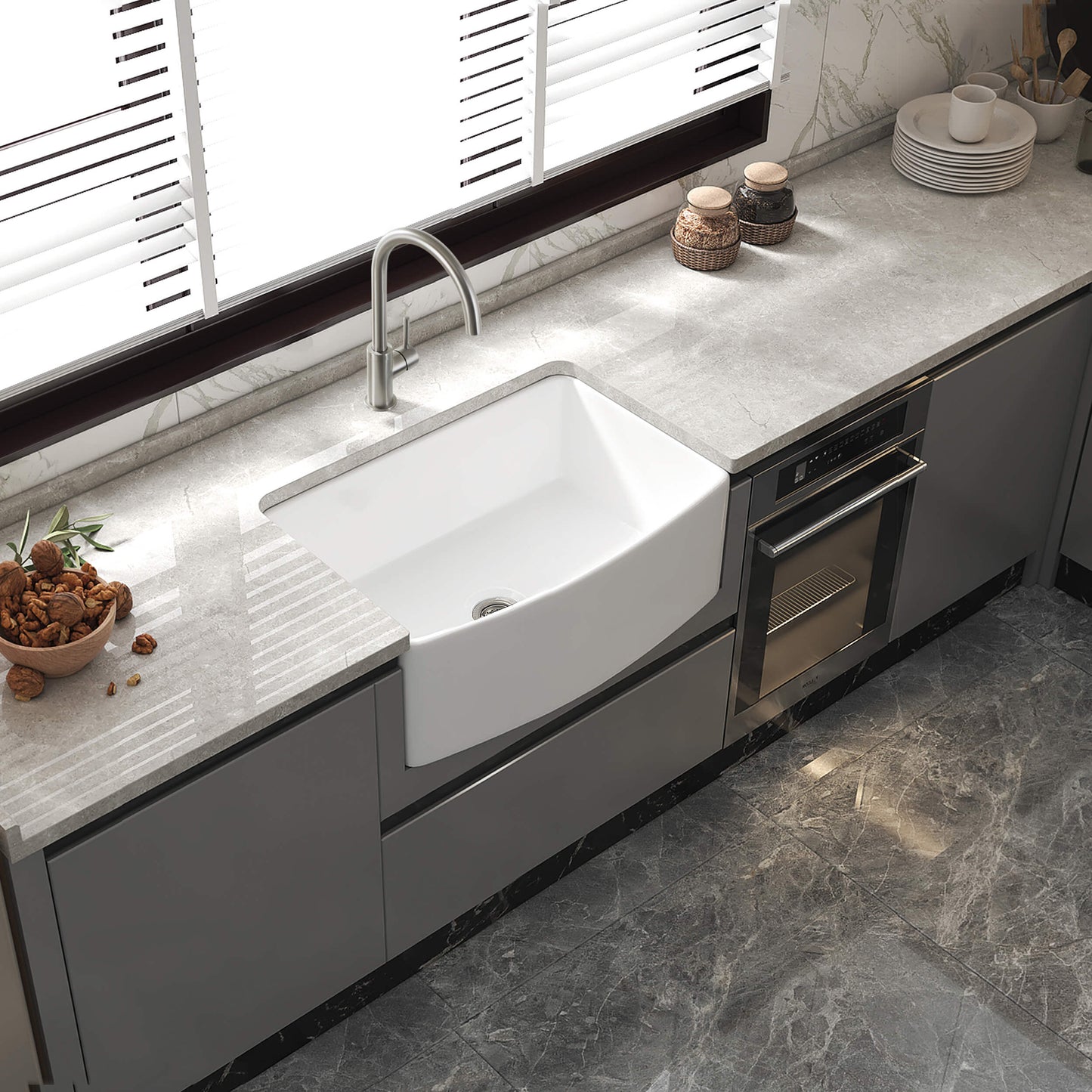 Nova 30" Curved Apron Front Fireclay Farmhouse Kitchen Sink