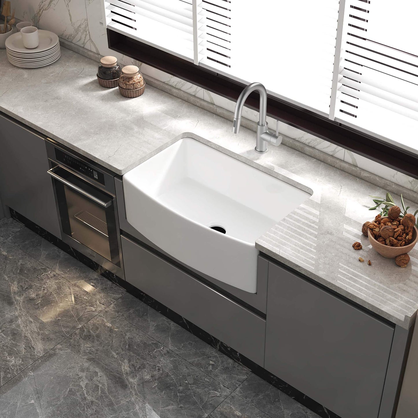 Nova 30" Curved Apron Front Fireclay Farmhouse Kitchen Sink