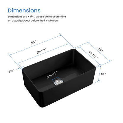 Nova 30" Matte Black Fireclay Single Bowl Kitchen Farmhouse Sink