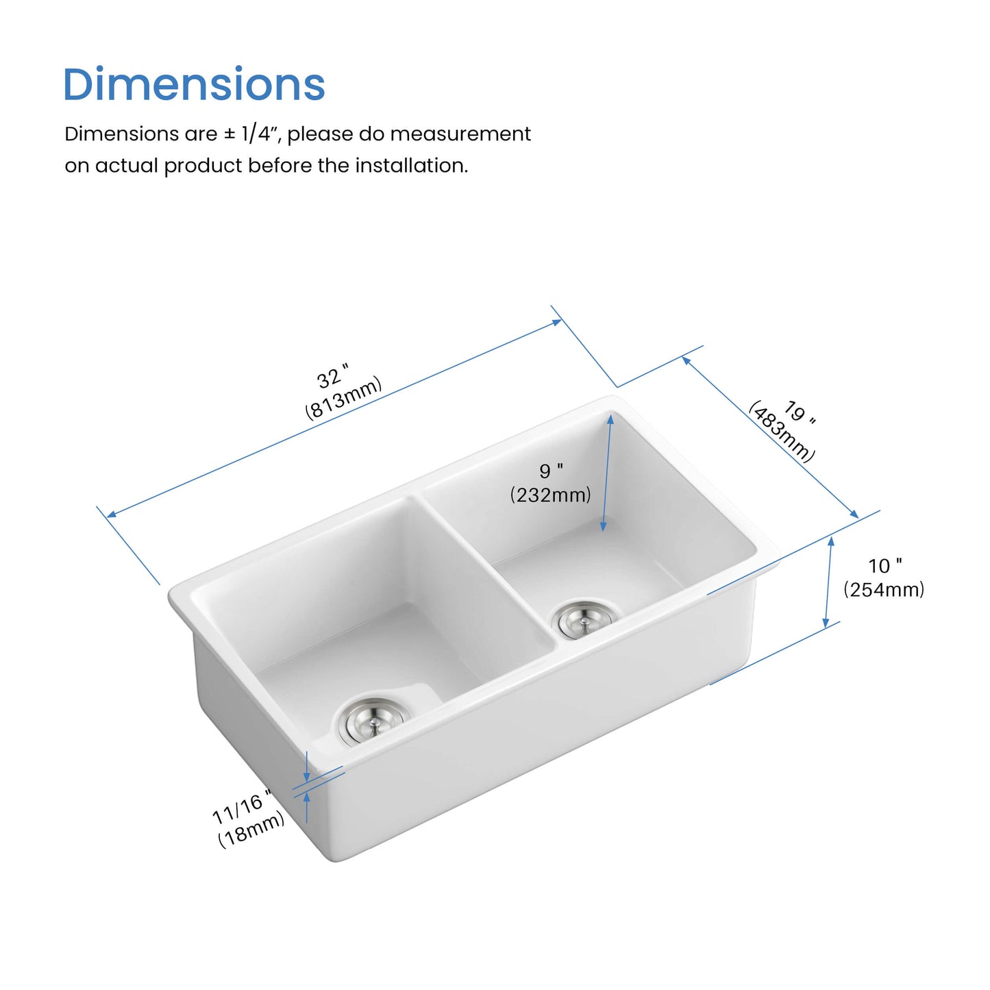 32" Fireclay Double Bowl Undermount Kitchen Sink