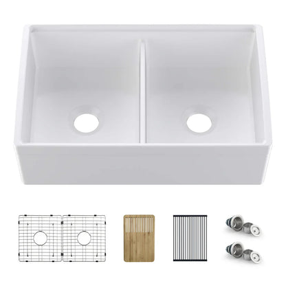 33" Fireclay Double Bowl Farmhouse Kitchen Workstation Sink - C2-33DFT